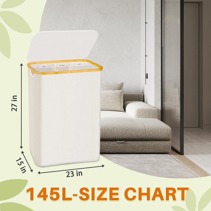 Laundry Hamper 3 Section, 145L Dirty Clothes Hamper with Lid,