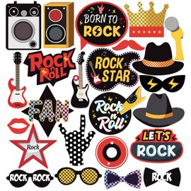 INNORU Rock and Roll Photo Booth Props, Rock Star Photoshoot Music Note Guitar Party Photography Props Birthday & Anniversary Centerpiece Sticks Decorations 24 PCS