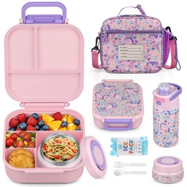 Itslife Bento Box for Kids Set, Insulated Food Container,Kids Lunch Box, 7 oz Thermos for Hot Food, 12 oz Thermos Water Bottle, Reusable Insulated Ice Bag & Fork Spoon Utensils Camping Travel Pink