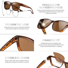 Charfia Overwear Men and Women, Over Glasses for Glasses Wearers, Over Normal Glasses, Polarised Sunglasses for Glasses Wearers, UV400 Protection (Leopard)