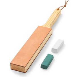 ANGERSTONE Double Side Leather Strop for Knife Sharpening - 14"x 2" Stropping Block Kit with Polishing Compound, Knife Strop with Ergonomic Handle for Honing Knives, Woodworking Chisels