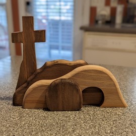 Wnvivi Easter Resurrection Scene Set,Walnut Wooden Empty Tomb and Cross Easter Taletop Scene,Easter Tray Bundle Kit,Easter Scene Wooden Decoration