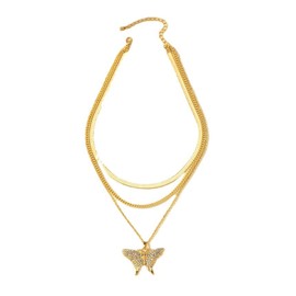 OSCCI Herringbone Butterfly Layered Necklace for Women Gold Plated Chunky Crystal Pendant Snake Chain Necklace (Butterfly)