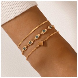 Erimberate Bohemian Layered Heart Emerald Bracelet Gold Snake Bone Chain Bracelet Emerald Green Bracelet Green Cz Chain Bracelet Jewelry for Women