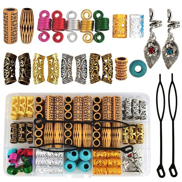 112PCS Dreadlock Beads Accessories Wood-Like Metal Braiding Hair Jewelry Norse Viking Hair Tube Beads Cuffs Pendant for Women Men Locs Twists