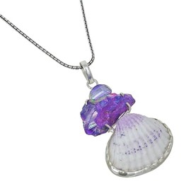 HANCURIA Aura Quartz & Seashell Necklace – Natural Gemstone Pendant – Sterling Silver Plated Chain – Boho Beach Jewelry – Gift for Her