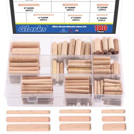 Glarks 200Pcs 1/4" 5/16" 3/8" Wooden Dowel Pins Set, 9 Sizes Straight Dowel Rods Fluted Wood Dowel Plugs with Beveled Ends Tapered for Crafts, Furniture, DIY Manual