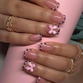 FNKFNK Pink Leopard Print Press on Nails Short Square Fake Nails with 3D Pink Bow Charms Designs Glossy French Tip Glue on Nails Reusable Artificial Acrylic Nails for Women Nail Decoration 24Pcs