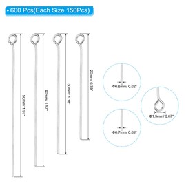 PATIKIL 20 mm/30 mm/40 mm/50 mm Open Eye Pins, Pack of 600 Metal Head Pins Needles Eye Pins for Jewellery Making, Earring Necklace Bracelet, Rhodium Colour