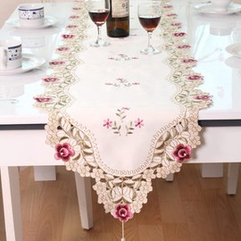 WELLYUK 15" X 69" Vintage Flower Embroidered Table Runner, Polyester Lace Cream Floral Dresser Scarves for Dining Dinner Kitchen Hotel Wedding Party Indoor Home Decor