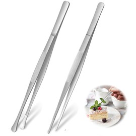 Cooking Tongs Set, 2 Pieces Kitchen Tweezers Stainless Steel 25 cm Cooking Tongs Precision Serrated Tip Professional Cooking Tweezers Kitchen Tools for Grilling, Coating and Serving