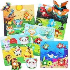 CVARRISE Wooden Puzzle Children with Peg from 2 3 4 5 Years, Pack of 5 Animal Puzzles (Sea Animals, Jungle, Farm, Insects, Dinosaurs), Educational Toy Montessori Plug-in Puzzle Gift for Boys and Girls