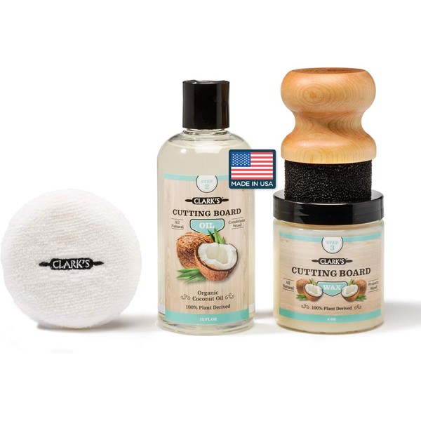 CLARK'S Coconut Cutting Board Oil and Wax Finishing Kit - Made with Refined Coconut Oil - Includes Oil (12oz), Cutting Board Wax (6oz), Small Applicator and Buffing Pad - Butcher Block Oil and Wax