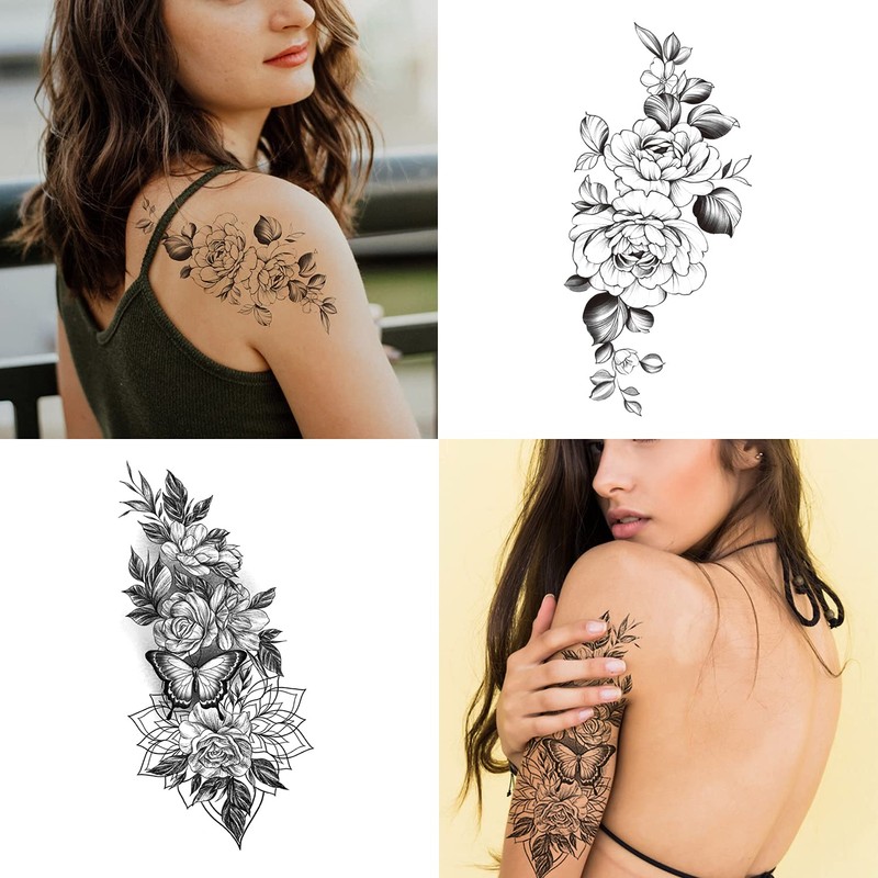 32pcs Black Rose Flower Temporary Tattoo Sticker For Women,Multiple Floral