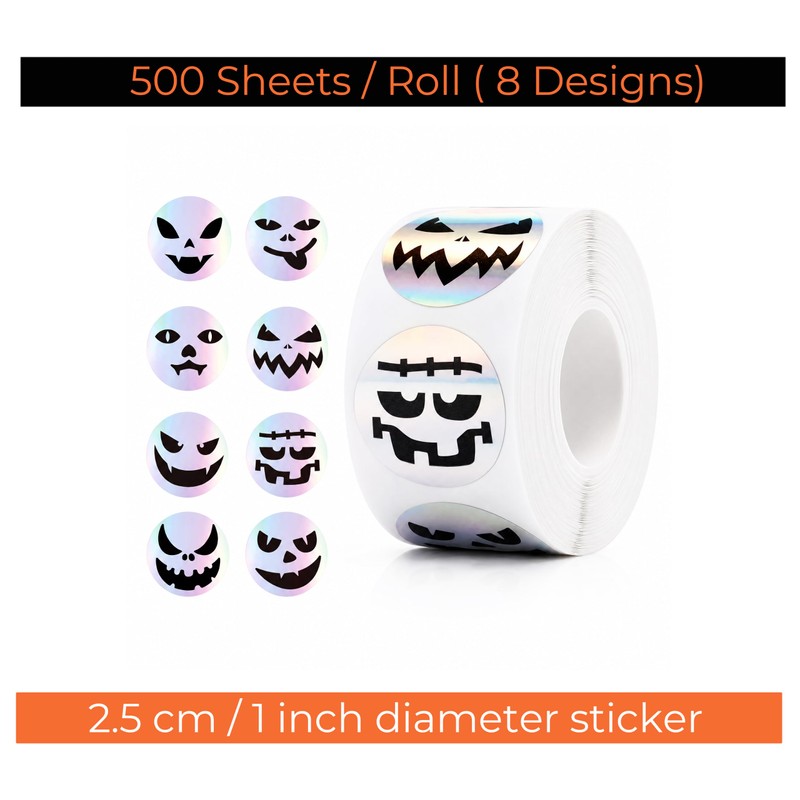Halloween Ghost Face Stickers Roll 500PCS 1 Inch Round Holographic