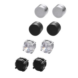 Vogem 4 Pairs Magnetic Earrings Stainless Steel Magnetic Earring Set 8 mm Zirconia Earrings Without Ear Hole, Cubic Zirconia, Cubic Zirconia