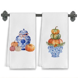 Elefeltclave Fall Chinoiserie Pumpkin Kitchen Towels, Blue and White Chinoiserie Autumn Pumpkin Dish Tea Towels for Kitchen Decor, Fall Grand Millenial Decorative Hand Towel, 16x24 Inch Set of 2