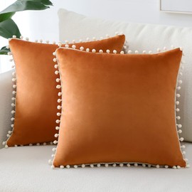 Sungeek Pack of 2 Decorative Cushion Covers Soft Velvet Pompoms Pillow Covers with Invisible Zipper Square Home Decor Throw Pillow Cases for Sofa Bedroom Living Room 45x45cm Orange