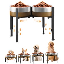 Elevated Dog Bowl Stand, FHDUSRYO Upgrade Metal Dog Feeder Supports, 4 Adjustable Heights 14-21.2" Width 8-14.5", Non-Slip and No Spill Raised Pet Bow Holder for Small Medium Large Dogs (Double)