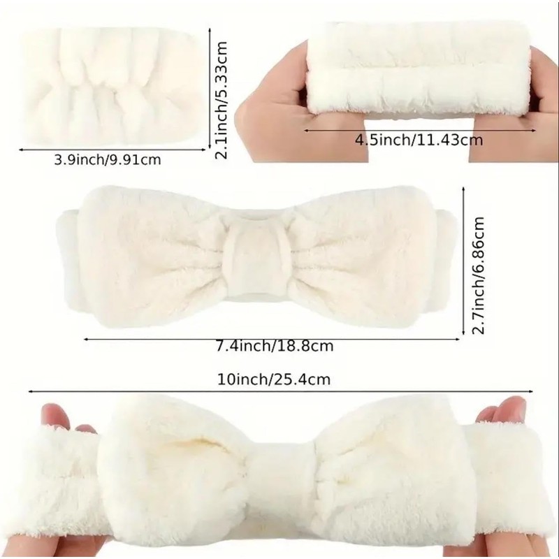 Plush Bowknot Spa Headband and Wristband Set (Creamy White, one