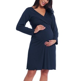 Amorbella Women's Maternity Nightdress Nursing Nightshirt Bamboo Viscose Breastfeeding Labour Hospital Nightgown Pregnant Sleepwear (Navy Blue,XXL)