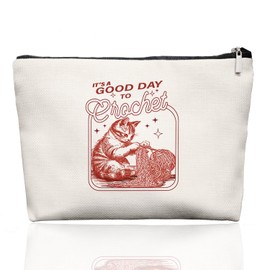 EKGJW Crochet Cat Makeup Bag, Vintage Yarn Lover Gift for Women, Funny Knitting Themed Cosmetic Pouch, Cute Cat Crochet Project Organizer Bag for Crocheters, Yarnaholic Gifts for Her