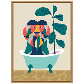 Kate and Laurel Mid Century Modern Lion in Bathtub Framed Canvas Wall Art by Rachel Lee 18 x 24 Sylvie Natural, Mid Century Modern, Animals, Bathroom, Kids Art for Wall Decor, Living Room, Bedroom