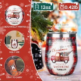 Christmas Wine Tumbler 12 oz Christmas Stainless Steel Wine Glass with Lid and Straw Stemless Double Wall Insulated Wine Cups Keeping Cold & Hot for Holiday Xmas Wedding Party Gifts (Christmas trucks)
