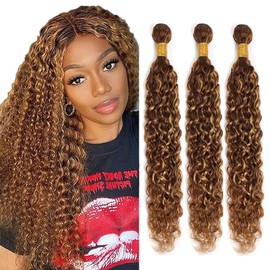 P4/27 Human Hair Bundles Ombre Highlight Kinky Curly Bundles Honey Blonde Curly Hair Bundles Double Weft Wet and Wavy Bundles Silky and Soft for Black Women 10 12 14 Inch