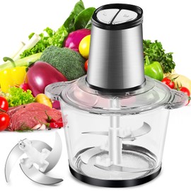 Electric Food Processor, 450W Meat Grinder Vegetable Chopper with 8cup/2L Glass Bowl, Electric Meat Chopper Veggie Cutter with 2 Speeds＆4 Blades, Kitchen Blender Mixer for Baby Food Puree, Xmas Gift