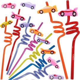 24 Packs Race Car Bulk Reusable Plastic Straws Birthday Party Favors, Theme Curly Drinking Straws Party Supplies