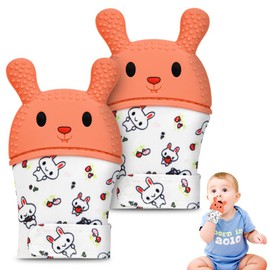 HOTUT Baby Teething Gloves, Pack of 2 Teething Rings Baby Toy, BPA-Free, Animal Motifs, Sensory Mitten Teething Toy, Teething Aid, Teething & Grasping Toy for 0-6 Months Babies (Orange Rabbit)