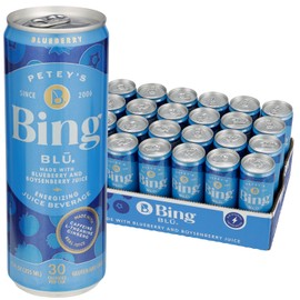 BING BLUEBERRY Energizing Juice Beverage – (12oz/24pk) – Made with REAL Juice! Only 2g added Sugar, Low Calorie; L-Theanine, 5 B-Vitamins & Ginseng; 125 mg Caffeine; Vegan, Gluten + Dairy Free. DELICIOUS