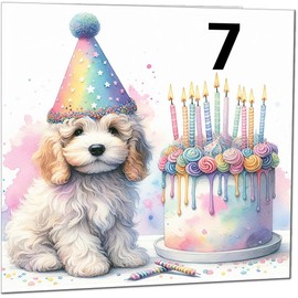 7th Kids Birthday Card - Cute dog watercolour rainbow Birthday Card for 7 Year old Kids seven, seventh
