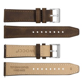 WOCCI 20mm Elite Watch Band, Top Grain Leather, Quick Release, Silver Buckle (Dark Brown)