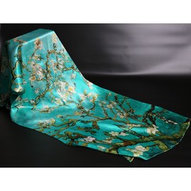 Prettystern Ladies Long Hand Rolled Crepe Satin Painting Silk Scarf Gustav Klimt and Van Gogh, almond tree branches