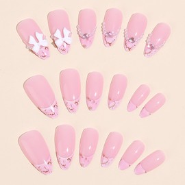 French Tip Press on Nails Almond Shaped False Nails Medium Artificial Acrylic Nails Bow Tie and Pear Design Pink French Fake Nails Full Cover Reusable Coffin Nails Glue on Nails for Women Supplies