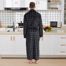 Mens Fleece Plush Plaid Bathrobe Warm Spa Full-length Big and Tall Robe for Men