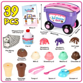 Torlam Ice Cream Cart for Kids Toys, Pretend Play Food Toys Ice Cream Shop Counter Play Set Scoop and Cone Maker Toy, Toddler Grocery Play Store for 3 4 5 6 Year Old Boy Or Girl Toys