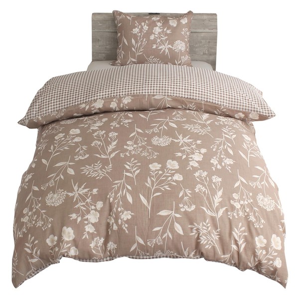 Merry Night MN12154-93 Duvet Cover, Botanical/Gingham Check, Brown, Single Long, Approx. 59.1 x 82.7 inches (150 x 210 cm), Reversible Design, Can Be Used on Both Sides, Includes 8 Inner Snap Buttons, Easy to Put on and Take Off, Cotton Blend Material, Q