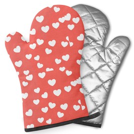 Pairs of Decorative Oven Mitts, Heat Resistant Kitchen Gloves for Cooking, Baking, Grilling (Hearts Coral Twotone)