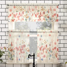 No. 918 Rosalind Watercolor Floral Semi-Sheer Rod Pocket Kitchen Curtain Valance and Tiers Set, 54" x 24", Poppy Red