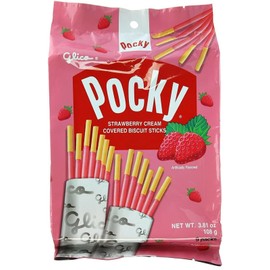 GLICO POCKY STRAWBERRY CREAM COVERED BISCUIT STICKS 3.81oz 9 PACKS A BAG