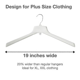 Urby Extra Wide Hangers for Plus Size Clothes, Ganchos para Colgar Ropa,19 Inch Plus Size Hangers Ideal for XL, XXL Shirts, Coats, Dresses, Etc. Plastic. White.