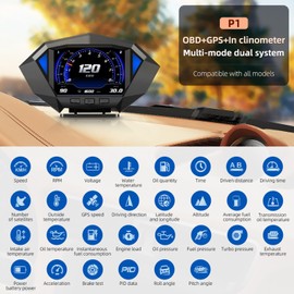 Smart Car Inclinometer Level Tilt Meter Digital Head Up Display GPS Speed Meter OBD Speedometer Display Speed, Voltage, Water temperature Roll Angle, Pitch Angle, Over-speed Alarm Safe Driving