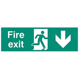 Sign, emergency exit bottom, Rp, outer height 150 mm, outer width 450 mm, sign colour white on green, sign legend fire exit arrow down, sign material plastic, sign type emergency exit,