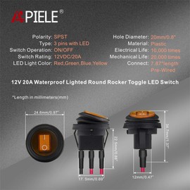 APIELE Waterproof Round Rocker Toggle Switch 20CM Pre-Wired 2 Position DC 12V 20A ON-Off with LED Light SPST 3 Pins 5Pcs KCD1-8-101NW-Wired (Yellow)