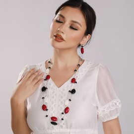 Firstmeet 2 Layer Statement Red and black Beads Long Necklace With Earrings(XL-1086-red and black)