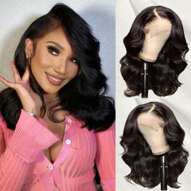 Qmaple Bob Wig Human Hair 13x4 Frontal Lace Wig 16 Inch Body Wave 180% Density HD Lace Front Wigs Human Hair Pre Plucked Bob Wigs for Women