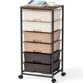 Rolling Storage Cart with Drawers,Utility Cart with 6 Large Drawers and Wooden Tabletop,Craft Storage Cart with Lockable Wheels for Bedroom, Office, Classroom, Kids'Room, Living Room, Brown